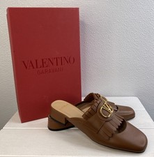 Valentino Garavani VLogo Signature Mules Womens US6 EU36 Tobacco Leather Fringe