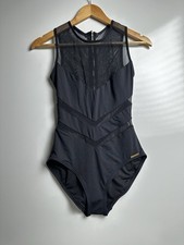 VINCE CAMUTO  Black Mesh Chevron High Neck Zip Back One Piece Swimsuit  10