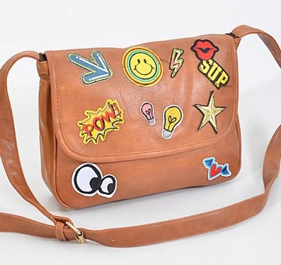 Hello 3AM Brown Faux Leather Satchel Crossbody Bag Patches Star Smiley Face Lips