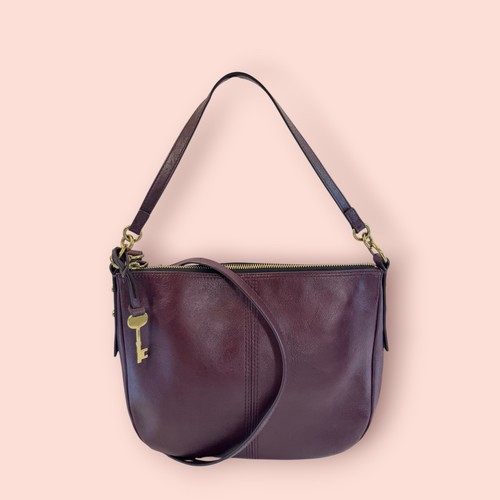 FOSSIL Jolie Convertible Crossbody Bag Leather Purple Maroon Hobo Shoulder Purse