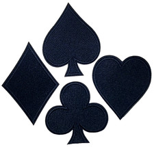 PLAYING CARD PATCHES SET BLACK 4PCS CLUB DIAMOND SPADE HEART 2" EACH IRON ON