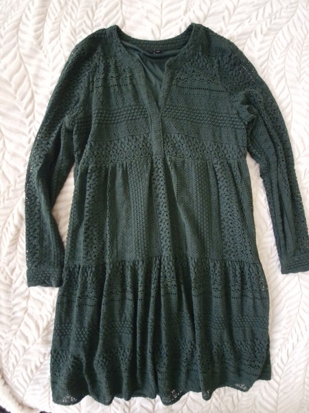 Vero Moda wms dark green lace long sleeve dress v-neck mini baby doll sz M