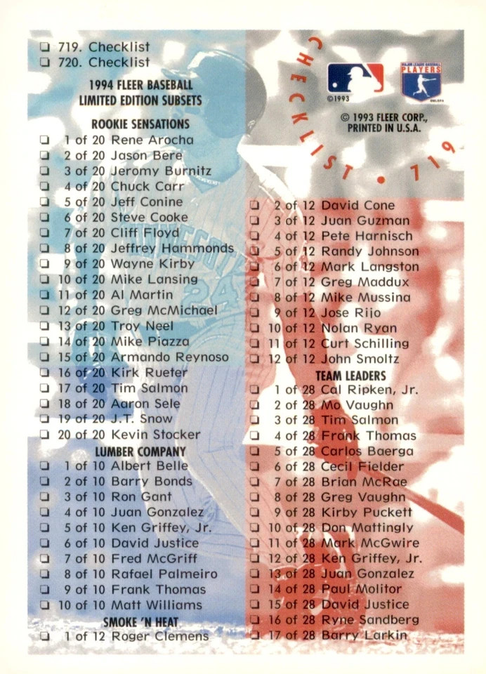 1994 Fleer Baseball (481-720) - You Pick - FREE SHIPPING 5+ Cards NM