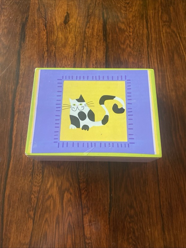 Cat Painted Trinket Wood Box /lid . Inside Compartments