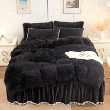 Luxury Plush Shaggy Duvet Cover Set with Pom Poms, Black Full/Queen