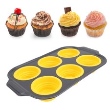 (Yellow)Cake Maker Tray Foldable Press Type Easy Release Silicone 6 Cupcake HG