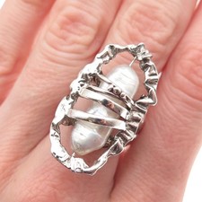 925 Sterling Silver Vintage Real Baroque Pearl Modernist Ring Size 8