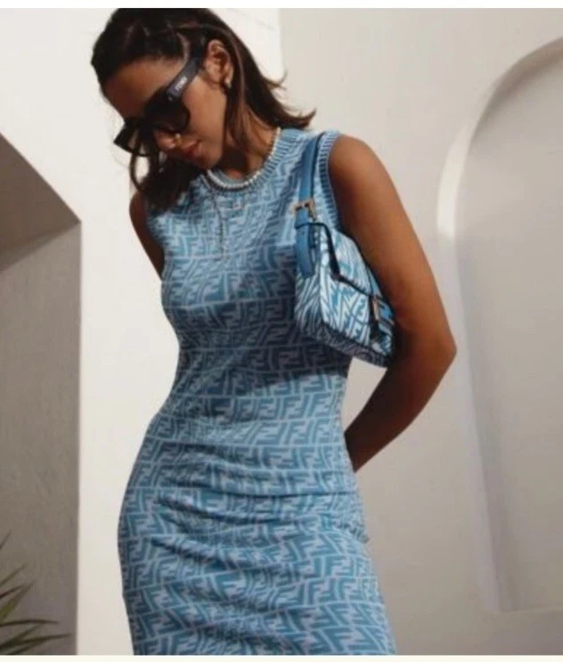 Mini Abito Fendi FF Vertigo Blu Maglia Nuovo con etichette Autentico Tg 40 SOLD BLOGGER