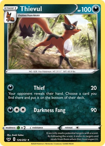 Pokemon Thievul Rare 126/202 SWSH01: Sword & Shield Base Set NM