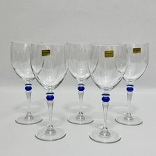 5 Vtg Cristal D’Arques Cortina BLUE Marble Stem Water Wine Goblets 8-1/3” NOS