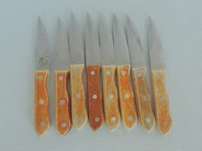 STEAK KNIFE WITH WOOD HANDLE S/S SERRATED EDGE HEAVY/USED 9 inch  8 pc