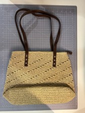 Straw Woven Tote Bag Tan Raffia Beach Purse Brown Leather Straps Boho Summer