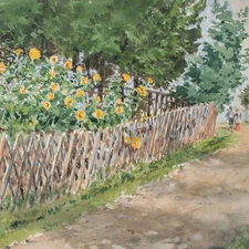 Unknown Garden with Sunflowers Impressionism Watercolor Unsigned Circa 1890