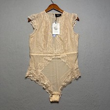 Cider Bodysuit Women XL Beige Floral Lace Sheer Mesh V-Neck Cap Sleeve P93