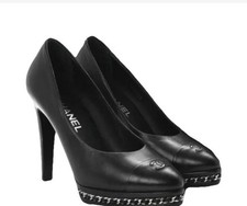 CHANEL Cap Toe Interlocking CC Chain-Trim Platform Pumps - Black Leather Size 40