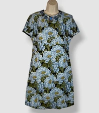 Escada Women's Blue Floral Embellished Short Sleeve Shift Dress Size 38