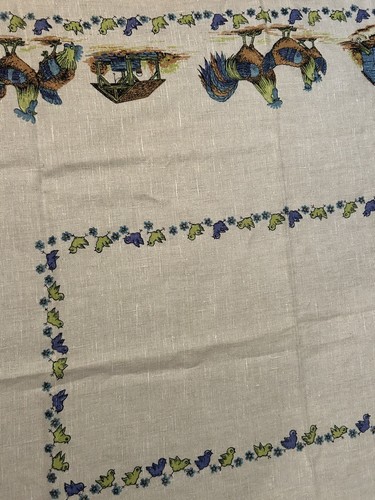 Vtg Blue Teal Beige Rooster Hen Chicks Farmhouse Tablecloth 50 X 65” Nice! - Picture 9 of 13