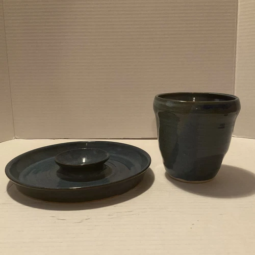 Studio Pottery Art Hand Thrown Blue Glazed Plate & Matching Bowl Signed Sher