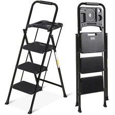3 Step Ladder Folding Steel Portable Anti-Slip Step Stool w/Tool Platform Black