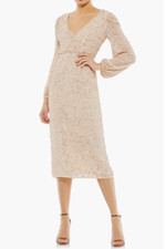 Mac Duggal SIZE: 14 Sequin Long Sleeve Cocktail Midi Dress Nude 10764
