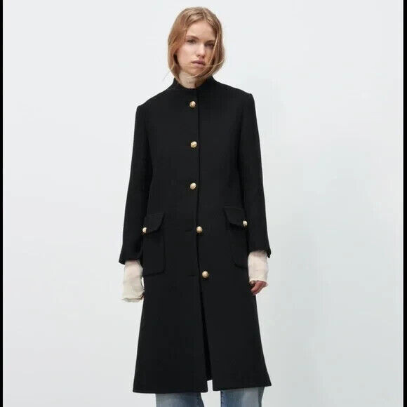 ZARA BLACK WOOL MANTECO WOOLEN COAT WITH GOLD BUTTONS SIZE SMALL S