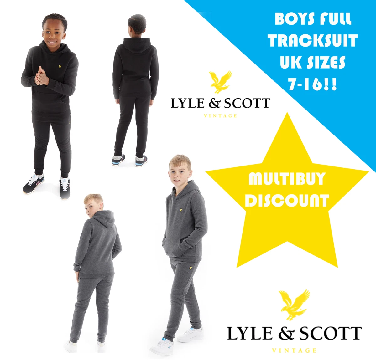 LYLE SCOTT Boys Full Tracksuit Winter Comfort Black Grey UK