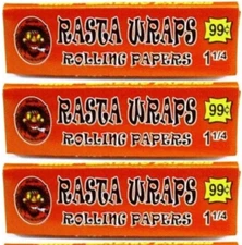 3x Rasta Wraps Rolling Papers Single Wide 1.0 3/P KS 50 Lvs/Pk USA SHPD