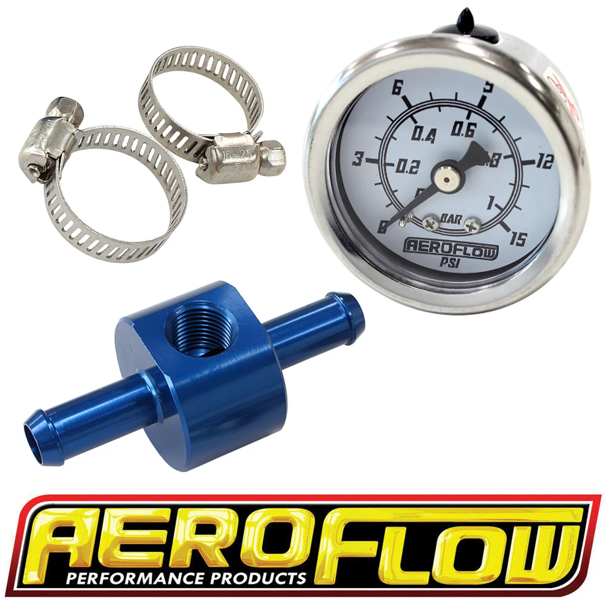 Aeroflow 5/16 Billet Alloy Inline Fuel Pressure Gauge 15psi & Adaptor  Fitting