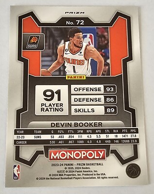 2023-24 Panini Monopoly Prizm Card Devin Booker Silver Prizm 72