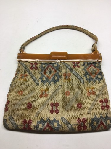 Vintage Tapestry Fabric Purse With Unusual Folding Bakelite Frame - Picture 2 of 10
