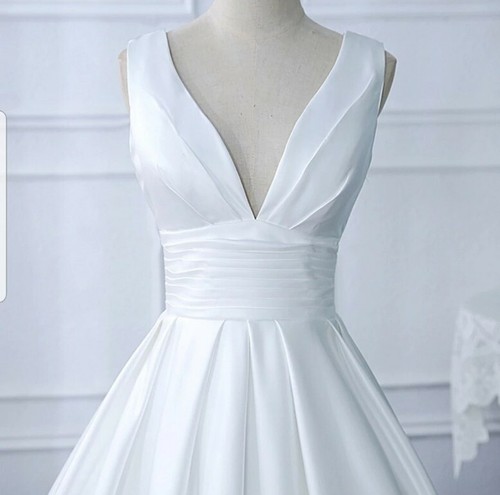 UK Vintage White/ivory Bridal Satin V Neck Corset Back Wedding Dresses Size 6-20 - Picture 3 of 4