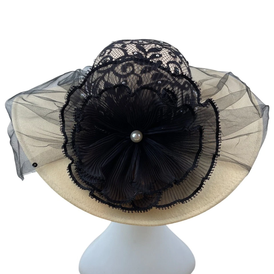 Whittall & Shon Vintage Black Lace & Pearls Wide Brim Hat Netting Floral Accent - Image 3 of 4