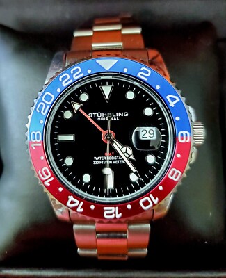 Rare Swiss Stuhrling GMT Coke Pepsi Mens Dive Watch NIB