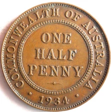 1934 AUSTRALIA HALF PENNY - Excellent Coin - FREE SHIP - Australia HP Bin