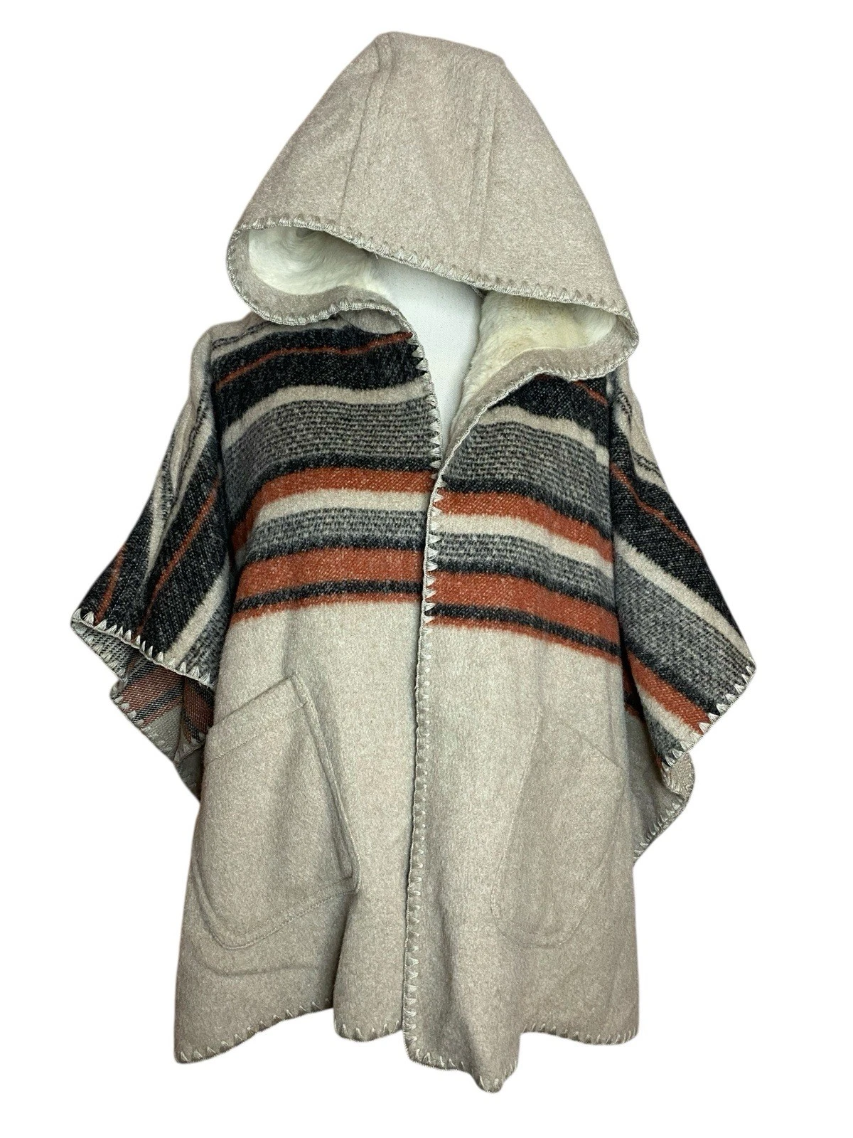 Anercrombie & Fitch Hooded Poncho Cape Faux Fur Aztec Southwestern Outdoors Wool
