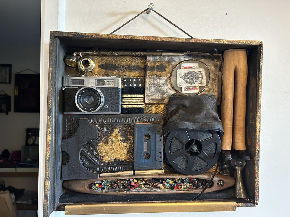Handcrafted assemblage art stitched together from vintage found objects — abstract, tactile, and utterly unrepeatable as a gift.