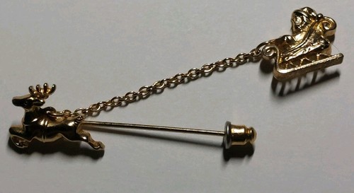 Bijoux de costume vintage épingle AVON BÂTON RENNE MOTIF TRAÎNEAU ton or vacances - Photo 2/8