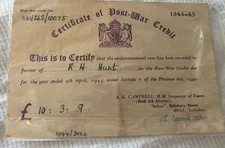 RARE POST WAR CERTIFICATE OF CREDIT DATED 6TH NOVEMBER 1946