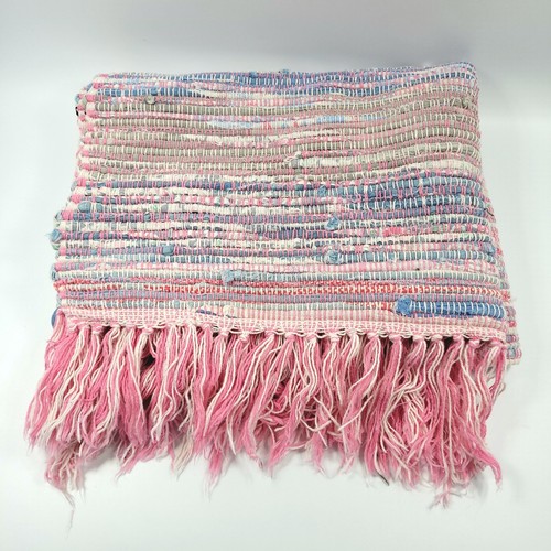 VTG Handmade Cotton Rag Rug 26 X 40 Fringe Pink Blue Striped Cottage Shabby Chic - Bild 2 von 7
