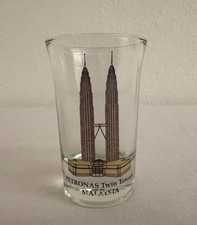 Malaysia Petronas Twin Towers Kuala Lumpur Shot Glass Clear w/ Gold Tone Towers