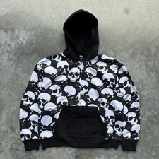 Y2K Skull All Over Print Zip Up Hoodie JNCO Famous Stars And Straps Style Size L
