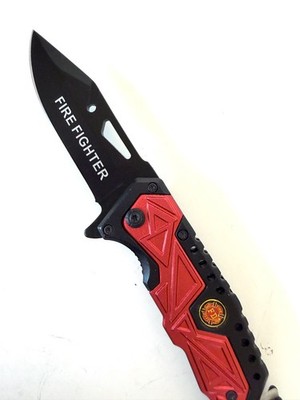 Fire Fighter Folding Rescue Knife Red Spring Assisted Pocket Stainless steel
