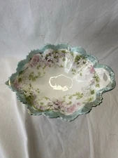Antique Leaf Shaped Dish M & Z Austria - Blue/pink roses - 5.5” X1.5”