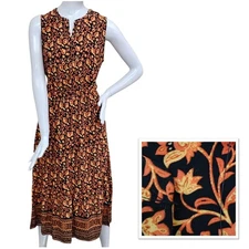 DR2 Midi Sun Dress Medium Black with Orange Floral Print Sleeveless Rayon NWT