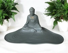 L'Objet Seated Buddha Gray Porcelain Bisque Figure Sculpture Tray 24k Gold Trim
