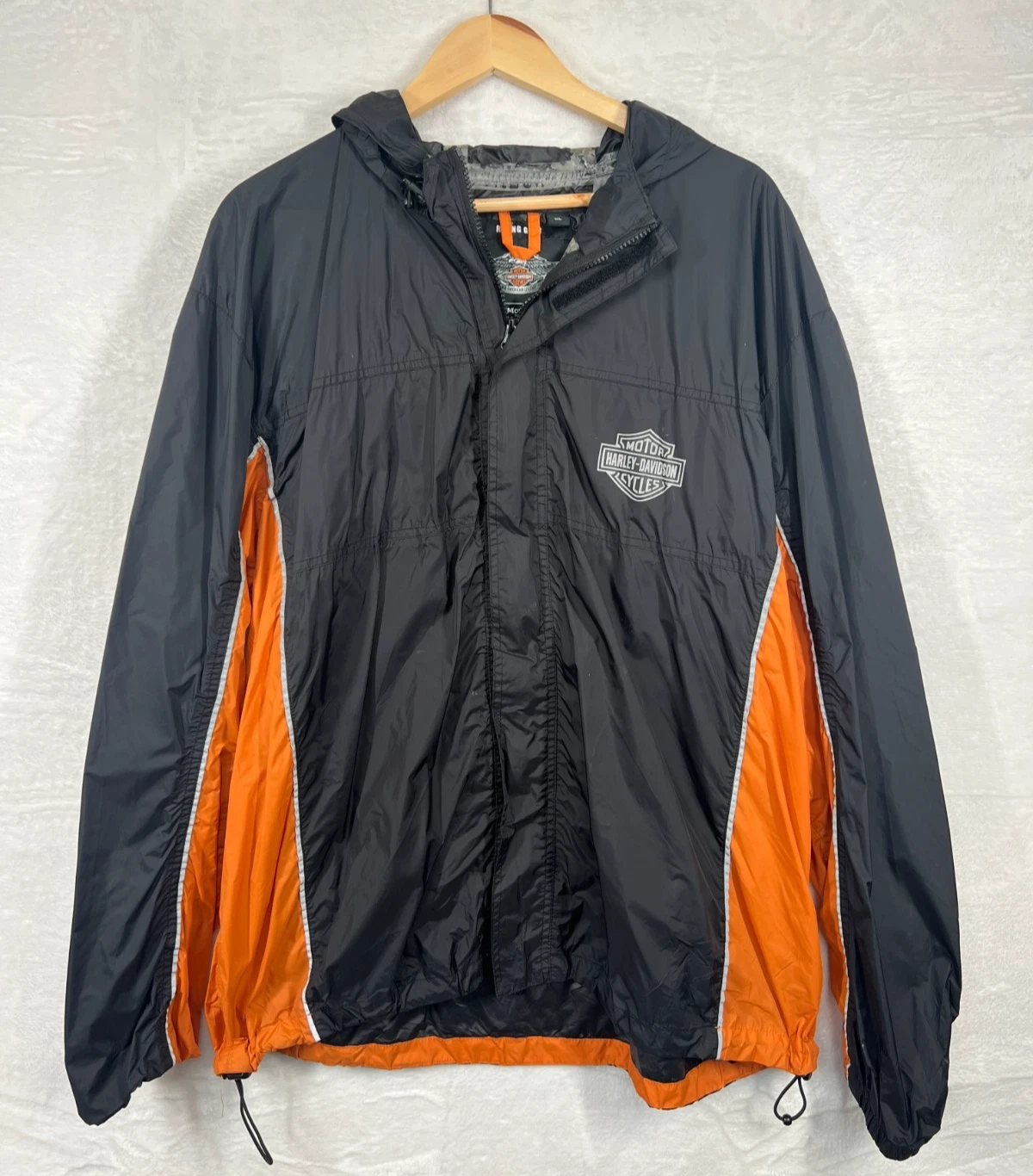 Harley Davidson Jacket Mens XL Black Orange Hooded Windbreaker Coat