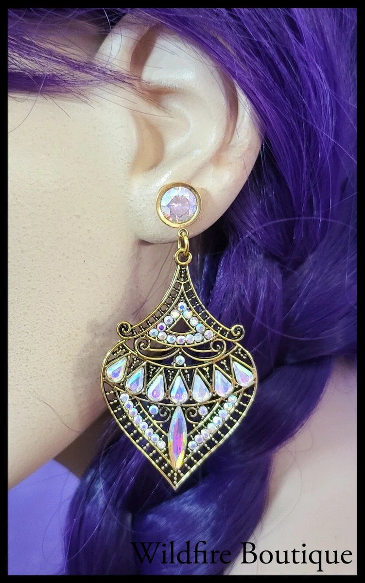 Iridescent Crystal Vintage Leaf Shaped Dangle Gold Ear Tunnels Gauges 6mm 30mm