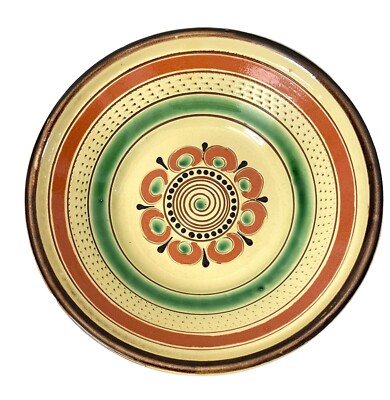 Hungarian Karcag Ceramic  Bowl. Green, yellow, terra-cotta. 7 1/2 inches.