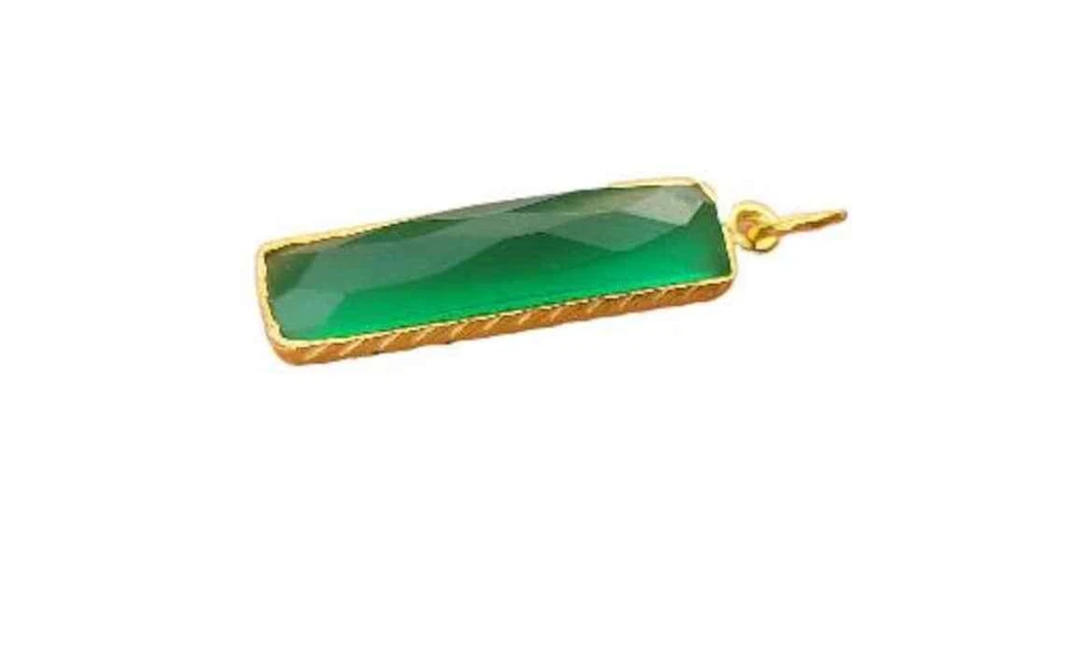 18k Gold Solid Green Onyx Gold Charm Gemstone Handmade Pendant 5x21 mm Necklace - Image 3 of 4