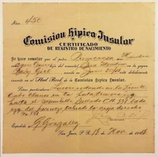 VTG RACE HORSE BIRTH CERTIFICATE / COMISION HIPICA INSULAR / PUERTO RICO 1948 #2